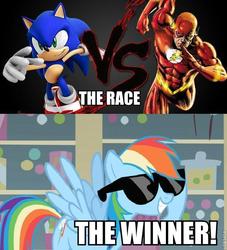 Size: 598x659 | Tagged: artist needed, source needed, safe, rainbow dash, g4, caption, crossover, image macro, male, sonic the hedgehog, sonic the hedgehog (series), the flash