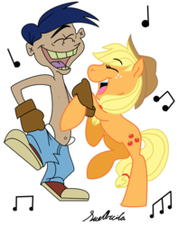 Size: 500x604 | Tagged: artist needed, safe, applejack, earth pony, human, pony, g4, bipedal, bipedal leaning, cartoon, clothes, crossover, dancing, ed edd n eddy, eyes closed, female, gloves, jeans, leaning, mare, music notes, open mouth, pants, partial nudity, rolf (ed edd n eddy), shoes, simple background, smiling, sneakers, that's my horse, topless