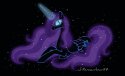 Size: 709x435 | Tagged: safe, artist:silverarrow87, oc, oc only, oc:nyx, alicorn, pony, fanfic:past sins, g4, alicorn oc, black background, ethereal mane, fanfic art, female, horn, lying down, mare, older nyx, prone, signature, simple background, slit pupils, solo, wings