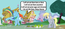 Size: 1280x584 | Tagged: safe, derpy hooves, rainbow dash, pegasus, pony, g4, crossover, dr. seuss, egg (food), female, food, fried egg, green eggs, green eggs and ham, green mushrooms, mare, mushroom