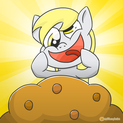 Size: 1200x1200 | Tagged: safe, artist:muffinexplosion, derpy hooves, pegasus, pony, g4, female, giant muffin, mare, muffin, smiling, solo, that pony sure does love muffins