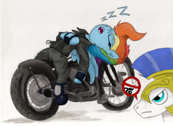 Size: 3510x2550 | Tagged: safe, artist:hewison, rainbow dash, pony, g4, high res, male, motorcycle, royal guard, sleeping, snoring, stallion, zzz