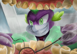 Size: 1909x1348 | Tagged: safe, artist:hewison, spike, dragon, g4, dentist, male, nightmare fuel, offscreen character, pov, teeth