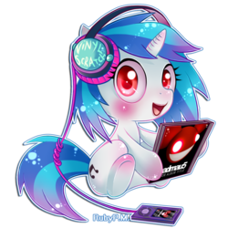 Size: 900x900 | Tagged: safe, artist:rubypm, dj pon-3, vinyl scratch, pony, unicorn, g4, deadmau5, female, filly, headphones, random album title, simple background, solo, transparent background