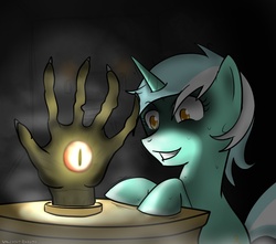 Size: 700x620 | Tagged: safe, artist:valiantrarity, lyra heartstrings, pony, unicorn, g4, creepy, female, hand, mare, sitting, sweat