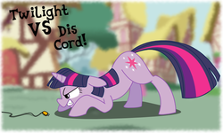 Size: 760x457 | Tagged: safe, artist:jaxstern256, twilight sparkle, pony, unicorn, g4, behaving like a dog, dis cord, face down ass up, female, floppy ears, glare, growling, mare, power cord, pun, solo, twilight dog, unicorn twilight