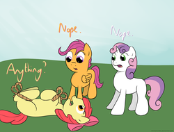 Size: 1346x1024 | Tagged: safe, artist:pexpy, apple bloom, scootaloo, sweetie belle, earth pony, pony, g4, cutie mark crusaders, on back, rope, tied up, trio