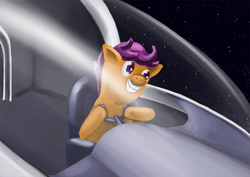 Size: 877x620 | Tagged: safe, artist:yavaho155, scootaloo, pony, g4, female, pilot, smiling, solo, space, spaceship