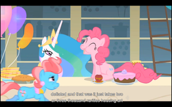 Size: 1024x640 | Tagged: safe, screencap, cup cake, pinkie pie, princess celestia, alicorn, earth pony, pony, a bird in the hoof, g4, female, mare, trio, youtube caption