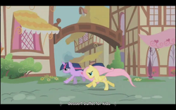 Size: 1024x640 | Tagged: safe, screencap, fluttershy, twilight sparkle, pegasus, pony, unicorn, a bird in the hoof, g4, season 1, running, unicorn twilight, youtube caption