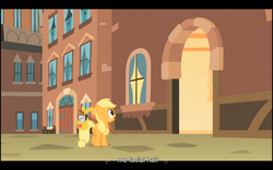 Size: 1024x640 | Tagged: safe, screencap, applejack, earth pony, pony, g4, the cutie mark chronicles, bindle, female, filly, solo, youtube caption