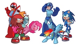 Size: 1000x600 | Tagged: safe, artist:gomigomipomi, pinkie pie, rainbow dash, g4, crossover, knuckles the echidna, male, mega man (series), proto man, sonic the hedgehog, sonic the hedgehog (series)