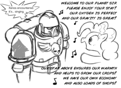 Size: 1361x992 | Tagged: safe, artist:shoutingisfun, pinkie pie, earth pony, pony, g4, armor, crossover, duo, female, grayscale, mare, monochrome, music notes, power armor, simple background, singing, space marine, speech bubble, warhammer (game), warhammer 40k, white background