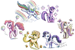 Size: 1280x853 | Tagged: safe, artist:faezza, applejack, fluttershy, pinkie pie, rainbow dash, rarity, twilight sparkle, butterfly, g4, apple, balloon, cute, diamond, food, magic, mane six, open mouth, rainbow, simple background, white background