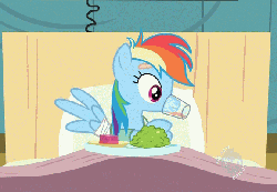 Size: 577x400 | Tagged: safe, screencap, rainbow dash, pegasus, pony, g4, read it and weep, season 2, adorable distress, all new, animated, bandage, bandaged wing, bed, cute, female, foomp, gif, glass, hub logo, logo, loop, mare, solo, stuck, text, the hub
