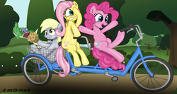 Size: 576x307 | Tagged: safe, artist:smor3s, derpy hooves, fluttershy, gummy, pinkie pie, pegasus, pony, g4, bicycle, female, mare, ride to conquer cancer