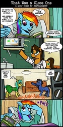 Size: 450x900 | Tagged: safe, artist:balthasar999, doctor horse, doctor stable, rainbow dash, pegasus, pony, unicorn, g4, read it and weep, comic, female, hospital, male, mare, oh snap, sitcom, stallion, television