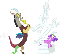 Size: 1280x1152 | Tagged: safe, artist:emper24, discord, screwball, draconequus, pony, g4, admiring, checking himself out, duo, female, hat, male, mare, propeller hat, self ponidox, simple background, statue, statue discord, swirly eyes, transparent background, vector