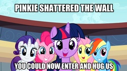 Size: 1280x714 | Tagged: safe, edit, edited screencap, screencap, fluttershy, pinkie pie, rainbow dash, rarity, twilight sparkle, earth pony, pegasus, pony, unicorn, g4, the last roundup, bronybait, cute, female, fourth wall, grin, hug, image macro, implied hugging, looking at you, mare, open mouth, smiling, standing