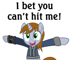 Size: 1161x971 | Tagged: safe, artist:brisineo, doomie, oc, oc only, oc:littlepip, pony, unicorn, fallout equestria, g4, clothes, fanfic, fanfic art, female, hooves, horn, image macro, jumpsuit, looking at you, mare, open mouth, pipbuck, show accurate, simple background, smiling, solo, teeth, tempting fate, text, transparent background, vault suit, vector
