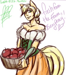 Size: 1280x1444 | Tagged: safe, artist:lady-fitz, applejack, human, g4, apple, clothes, dress, eared humanization, female, humanized, simple background, solo, tailed humanization