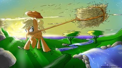 Size: 1920x1080 | Tagged: safe, artist:animeculture, applejack, earth pony, pony, g4, action pose, female, hay, mouth hold, river, solo, throwing, wallpaper