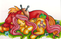 Size: 720x460 | Tagged: safe, artist:wetpaint, big macintosh, fluttershy, earth pony, pony, g4, male, ship:fluttermac, shipping, sleeping, stallion, straight, traditional art
