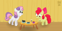 Size: 1500x750 | Tagged: dead source, safe, artist:timidusartifex, apple bloom, sweetie belle, g4, apple slices, breakfast, breakfast is ruined, sweetie belle can't cook, sweetie fail
