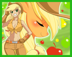Size: 1800x1440 | Tagged: safe, artist:ninja-8004, applejack, human, g4, belly button, breasts, busty applejack, curvy, female, front knot midriff, humanized, midriff, tailed humanization, wide hips