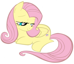 Size: 1000x870 | Tagged: safe, artist:sonickaboom, fluttershy, pegasus, pony, g4, female, folded wings, lidded eyes, looking at something, looking away, looking down, mare, prone, simple background, smiling, solo, transparent background, wings