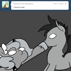 Size: 666x673 | Tagged: safe, artist:egophiliac, princess luna, oc, oc:frolicsome meadowlark, bat pony, pony, moonstuck, g4, ask, boop, comic, filly, flower, flower in hair, grayscale, monochrome, moonflower, tumblr, woona, woonoggles, younger