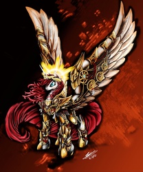 Size: 3704x4449 | Tagged: safe, artist:europamaxima, oc, oc only, oc:fausticorn, alicorn, pony, absurd resolution, armor, empress, female, god empress of ponykind, god-emperor of mankind, large wings, laurel wreath, lauren faust, mare, power armor, powered exoskeleton, purity seal, red background, simple background, solo, spread wings, warhammer (game), warhammer 40k, wings
