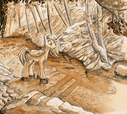 Size: 1012x907 | Tagged: safe, artist:marbleyarns, princess luna, pony, g4, creek, female, limited palette, solo, traditional art, tree, water