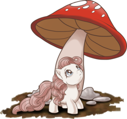 Size: 1491x1396 | Tagged: safe, artist:hollowzero, little whiskers, pony, g1, :<, cute, female, frown, looking up, micro, mushroom, simple background, solo, tiny, tiny ponies, transparent background