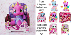 Size: 1200x600 | Tagged: safe, pinkie pie, princess skyla, rainbow dash, spike, sunny daze, sweetie belle, g4, comparison, hub logo, irl, newborn, photo, so soft, starry eyes, the hub, toy, wingding eyes