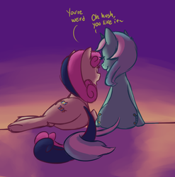 Size: 1085x1100 | Tagged: safe, artist:lowkey, artist:rustydooks, bon bon, lyra heartstrings, sweetie drops, earth pony, pony, g4, both cutie marks, butt, dialogue, duo, female, intertwined tails, lesbian, lying down, mare, plot, ship:lyrabon, shipping, sitting