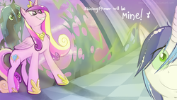 Size: 1366x768 | Tagged: safe, artist:timtheflyfox, queen chrysalis, shining armor, changeling, pony, unicorn, g4, disguise, disguised changeling, duo, fake cadance, male, stallion