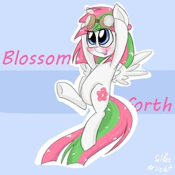 Size: 900x900 | Tagged: safe, artist:silbersternenlicht, blossomforth, pegasus, pony, g4, adoraforth, blushing, cute, female, goggles, happy, smiling, solo, underhoof