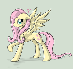 Size: 1820x1728 | Tagged: safe, artist:exxiry, fluttershy, pegasus, pony, g4, female, floppy ears, heart, looking at you, mare, raised hoof, simple background, smiling, solo, spread wings, standing, wings