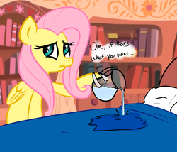 Size: 1070x918 | Tagged: safe, fluttershy, g4, bed, implied bedwetting, not a bedwetting meme, pitcher, pouring, pun, tape, water