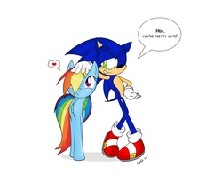 Size: 900x742 | Tagged: dead source, safe, artist:leylahshan, rainbow dash, g4, crossover, crossover shipping, cute, female, heart, interspecies, male, petting, shipping, sonic the hedgehog, sonic the hedgehog (series), sonicdash, straight