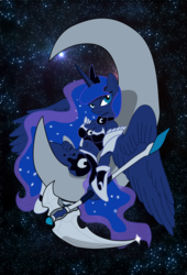 Size: 2654x3901 | Tagged: safe, artist:jaxstern256, princess luna, anthro, g4, crescent moon, female, high res, solo, tangible heavenly object, weapon