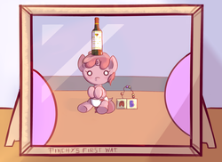 Size: 860x625 | Tagged: safe, artist:haute-claire, berry punch, berryshine, ruby pinch, g4, blocks, bottle, cute, filly, picture, picture frame, wat