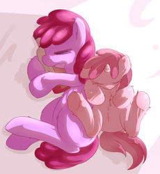 Size: 838x909 | Tagged: dead source, safe, artist:haute-claire, berry punch, berryshine, ruby pinch, earth pony, pony, unicorn, g4, belly fluff, bottle, duo, fluffy, mother and daughter, sleeping