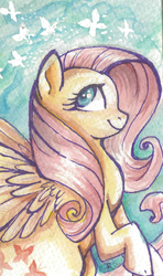 Size: 1737x2944 | Tagged: safe, artist:sharkie19, fluttershy, butterfly, pegasus, pony, g4, profile, solo, traditional art