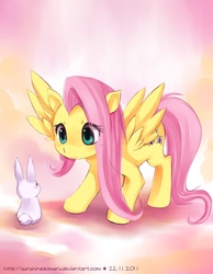 Size: 700x900 | Tagged: safe, artist:sunshineikimaru, fluttershy, pegasus, pony, rabbit, g4, cute, duo, female, mare, shyabetes, spread wings, wings
