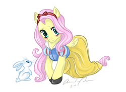Size: 664x487 | Tagged: safe, artist:touchofsnow, angel bunny, fluttershy, pegasus, pony, rabbit, g4, animal, blushing, clothes, cosplay, costume, crossover, cute, disney, disney princess, duo, female, looking at you, mare, puffy sleeves, shy, shyabetes, simple background, snow white, snow white and the seven dwarfs, white background
