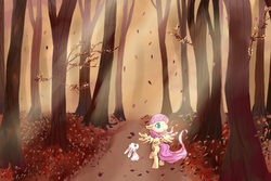 Size: 600x400 | Tagged: safe, artist:cheerubi, angel bunny, fluttershy, pegasus, pony, rabbit, g4, animal, autumn, crepuscular rays, duo, female, floppy ears, forest, leaves, looking up, mare, outdoors, path, rear view, smiling, spread wings, walking, wings