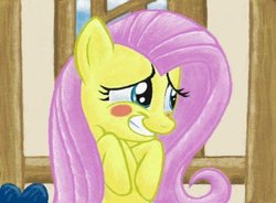 Size: 600x441 | Tagged: safe, artist:ravenousdrake, fluttershy, pegasus, pony, g4, the super speedy cider squeezy 6000, blushing, embarrassed, female, mare, scene interpretation, solo, squee, traditional art