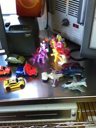 Size: 540x720 | Tagged: safe, applejack, cheerilee, fluttershy, lily blossom, pinkie pie, rainbow dash, rarity, twilight sparkle, earth pony, pony, g4, breakdown, bulkhead, bumblebee (transformers), irl, knock out, mane six, mcdonald's happy meal toys, megatron, optimus prime, photo, ratchet, starscream, toy, transformers, transformers prime